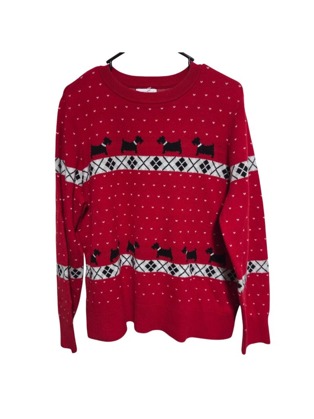 Charter Club Argyle Sweater Womens Size XL Scottie Dog Red Holiday Christmas